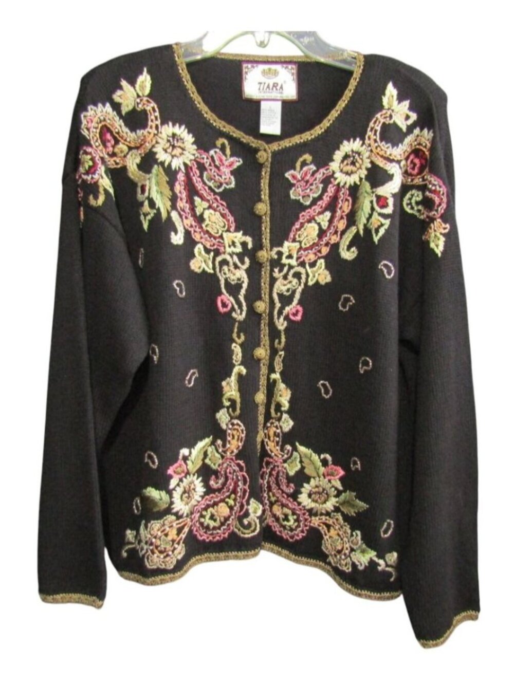 Vintage Tiara International Cardigan Sweater L Black Embroidered Beaded 1999